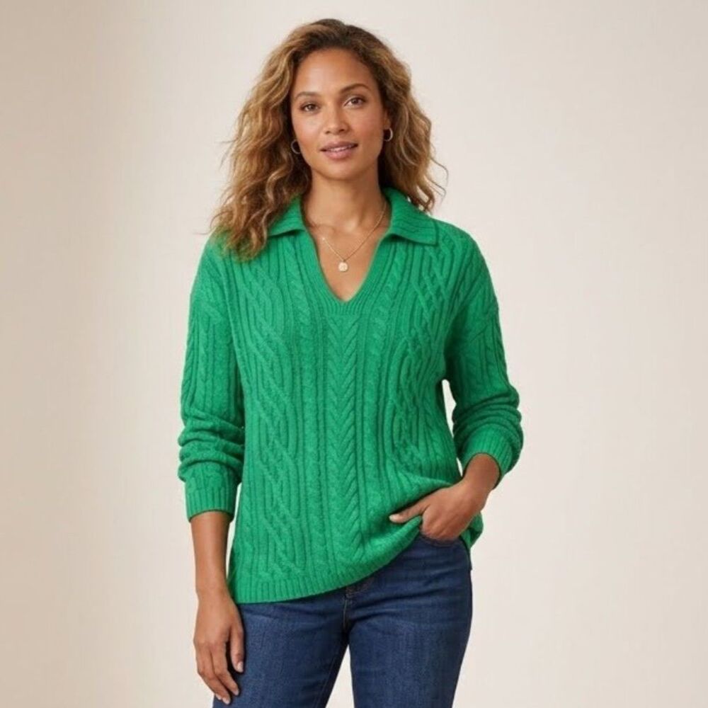 J. Jill | Green Meadow Cabled Polo Sweater Fisherman Preppy Academia Coastal L